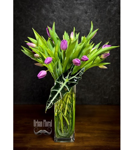 20 purple tulips in a vase