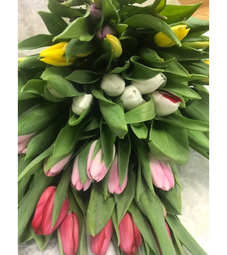 Designer assortment of tulips arranged in a vase