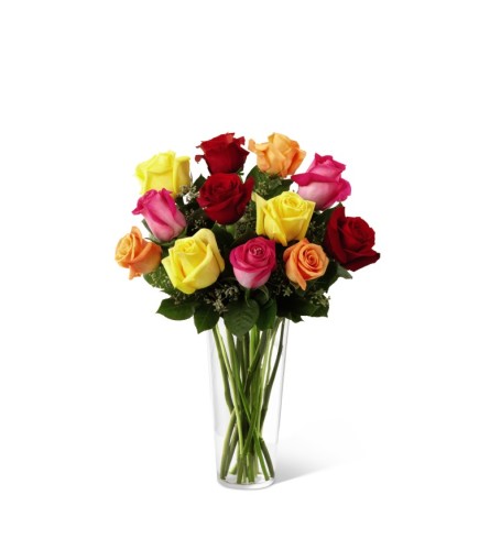 One Dozen Mixed Colored Roses in a vase