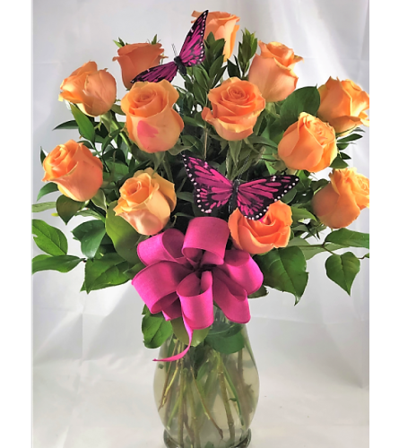 Orange Roses with Bright Pink Butterflies