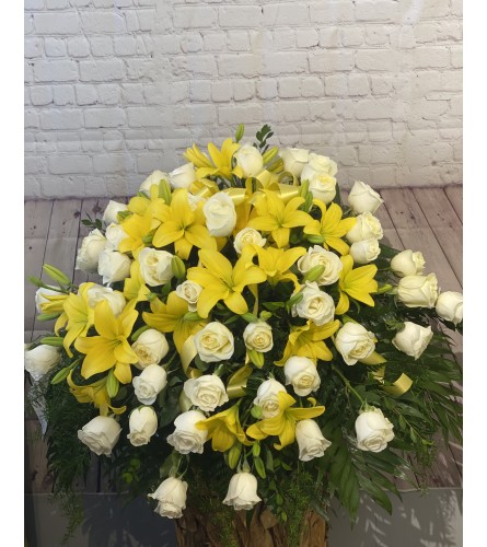 White Rose Yellow Lily Casket Spray