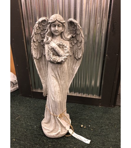 Angel with Wreath Statue. An arrangement by Thompson's Full Bloom.