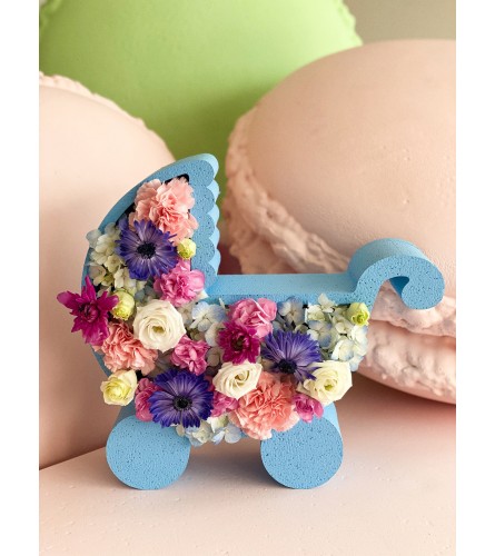 Blue or Pink  Baby Carriage Boxed Flowers