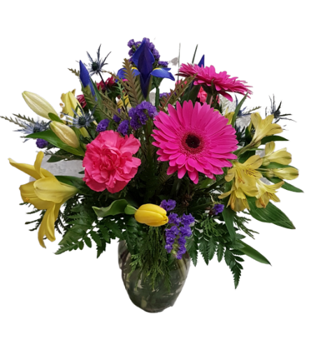 Bright and Cheery. An arrangement by Harriet's Flower and Gift Shop.