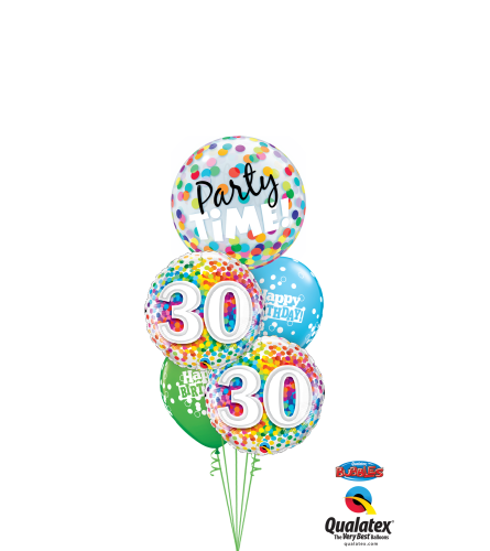 Party Time 30th Rainbow Confetti Cheerful Bubble Balloon Bouquet