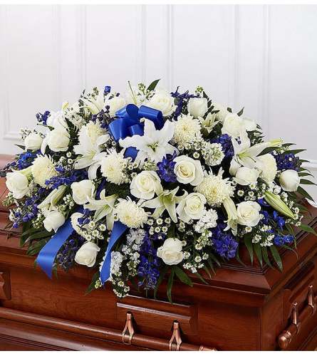 Blue and White Mixed Flower Casket Spray