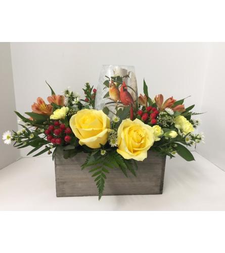 Floral Lamp Arrangement with Cardinals