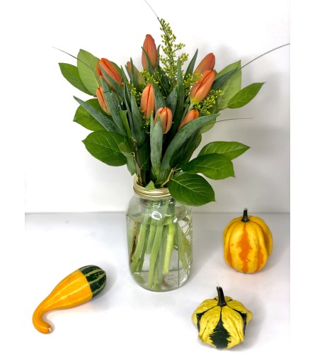 Tulips in a Mason Jar. An arrangement by Brooklin Floral and Garden Shoppe Inc..