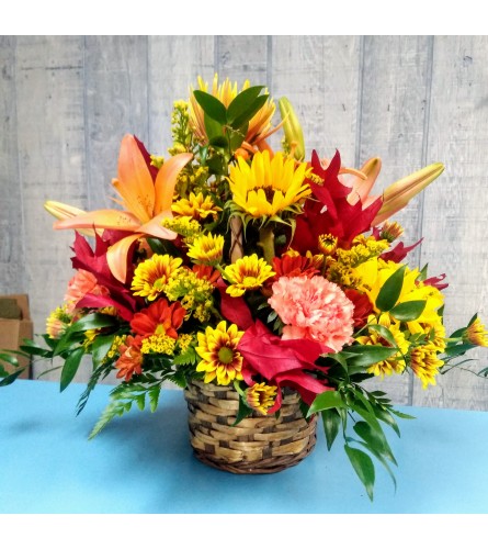 Fall Fresh Arrangement in a brown wicker basket