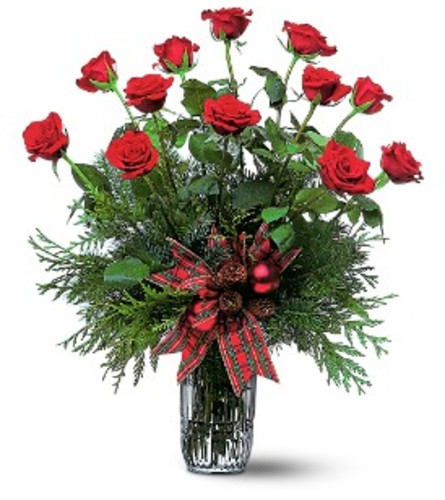 One Dozen Christmas Red Roses. An arrangement by Balloon Bouquets Plus.