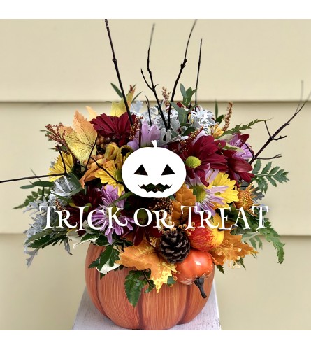 Unique Halloween Pumpkin Arrangement. An arrangement by Brooklin Floral and Garden Shoppe Inc..