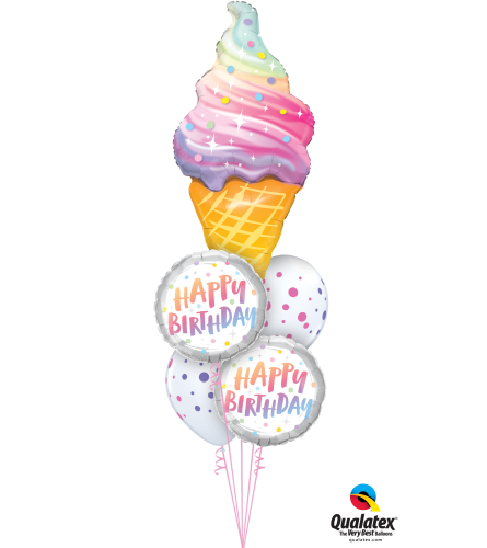 Swirl Ice Cream Birthday Rainbow Dots Cheerful Balloon Bouquet. An arrangement by Balloon Bouquets Plus.