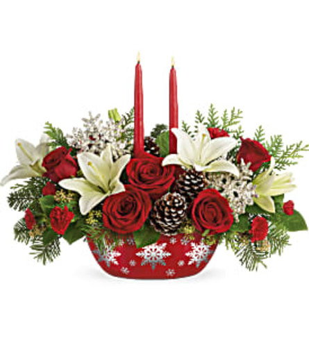 TF Snowflake Treasures Centerpiece - Deluxe. An arrangement by Blossoms On The Trail.