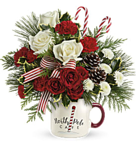 TF Teleflora North Pole Cafe Mug - Deluxe. An arrangement by Blossoms On The Trail.