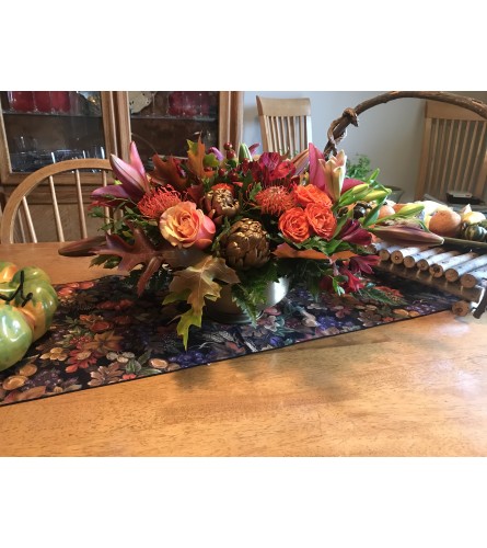 Designers Choice Fall Centerpiece in brushed gold pedestal