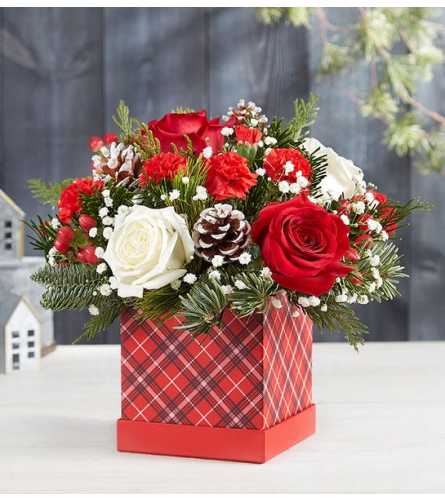 PLAID HAT BOX - Deluxe. An arrangement by J.D. Ballantine's Flowers and Gifts.