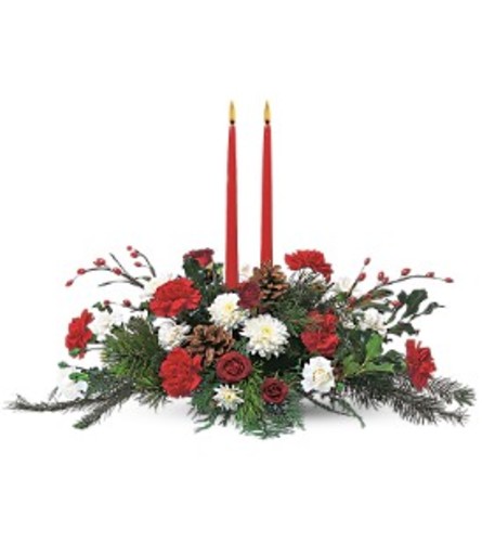 Two Taper Centerpiece. An arrangement by Belak Flowers.