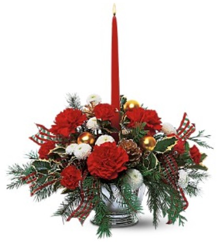 Single Red Taper Centerpiece. An arrangement by Belak Flowers.