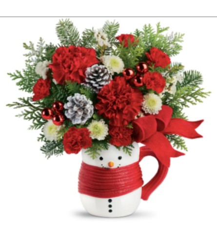 Snowman Hug with a Mug. An arrangement by The Garden Gate Gifts and Florals.