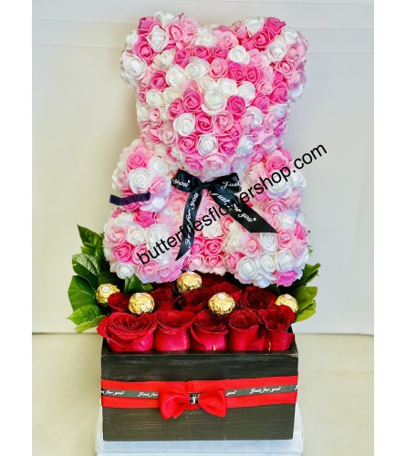 12 Roses and Pink & White Bear