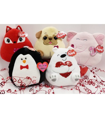 Valentine Dreampuffs, Assorted Plush. An arrangement by Brown Floral and Fudge.