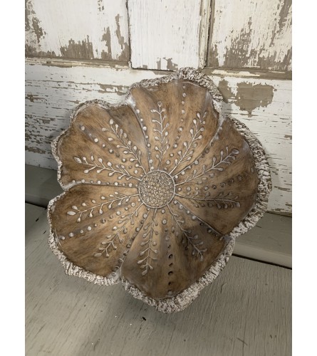 Carved Flower Tray. An arrangement by Metcalfe Florist and Pleasant View Greenhouses.