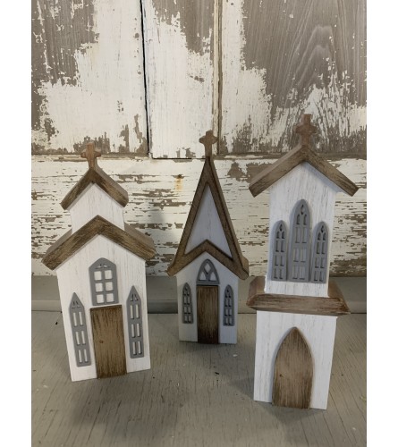 Wooden Churches. An arrangement by Metcalfe Florist and Pleasant View Greenhouses.