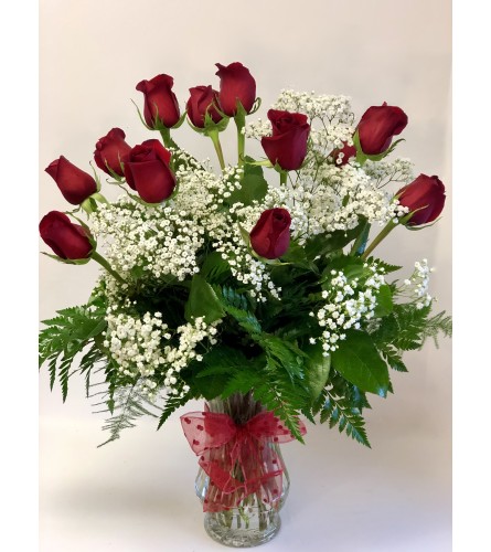 Twelve Romantic Red Roses with Babies Breath