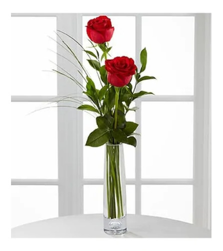 2 Red Roses Arranged in a Bud Vase