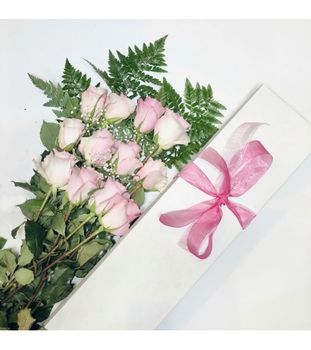 One Dozen Pink Roses Boxed. An arrangement by Church Street Flowers.