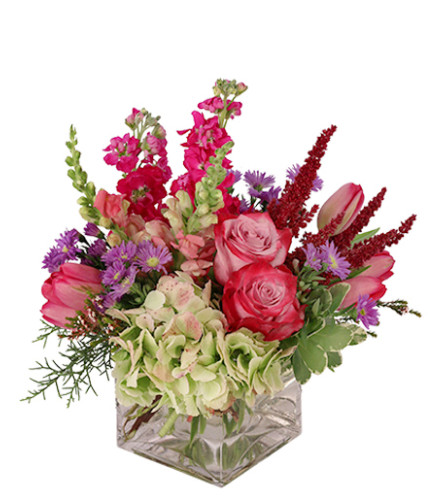 LIVELY and LUSCIOUS CUBE ARRANGEMENT. An arrangement by Elegant Florist.