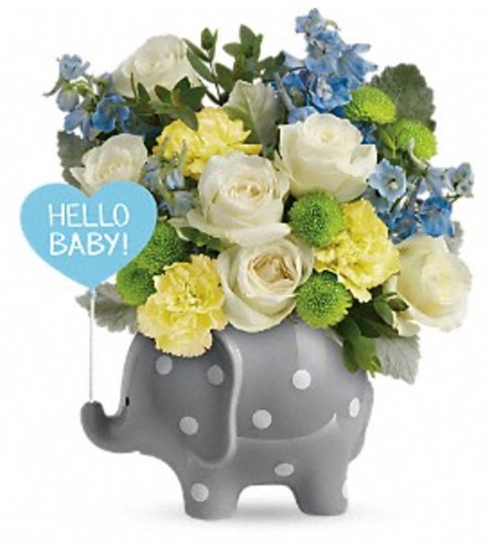 Hello Sweet Baby - Blue Elephant - Deluxe. An arrangement by Flowers of Jacksonville.