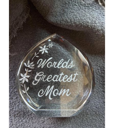 Hand Etched Glass "Greatest Mom" Tear drop Plaque