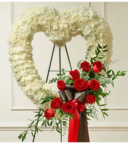 Red & White Standing Open Heart-White Carnations - Red Roses