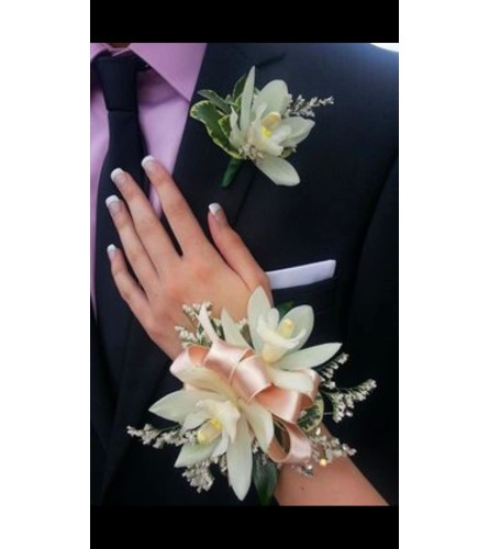 Cream Cymbidium Orchid Corsage + Boutonniere