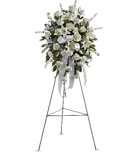 TF Sentiments of Serenity Standing Spray. An arrangement by Nicol Florist.