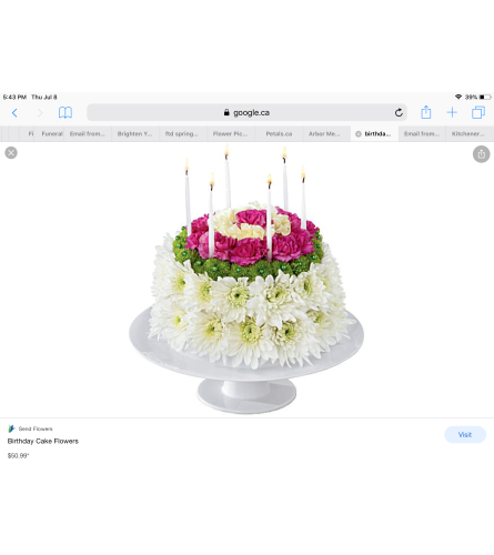 Colourful birthday cake. An arrangement by Kitchener Ontario Florist.