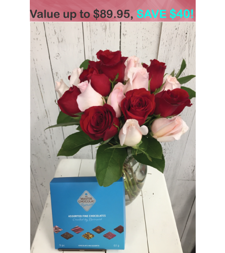 24 stem Mystery Colour Rose + chocolate Bouquet. An arrangement by Red Rose Incredible Florist.