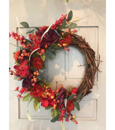 Beautiful and Burgundy Fall Silk Wreath. An arrangement by Appleblossoms.