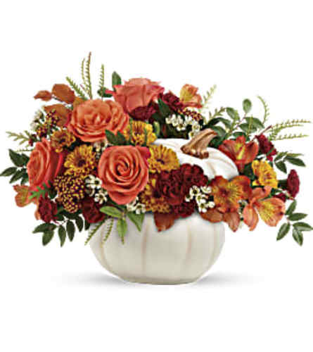 Enchanted Harvest in Pumpkin - Deluxe. An arrangement by Belak Flowers.