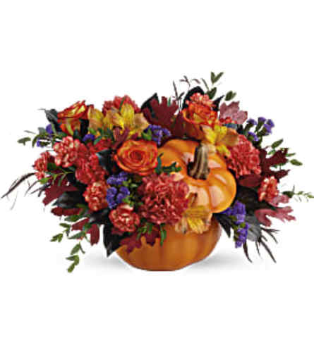 Hauntingly Pretty Pumpkin TF - Deluxe. An arrangement by Belak Flowers.