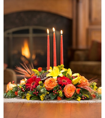 Thanksgiving Centerpiece with 3 Candles. An arrangement by Renton Flower Shop.
