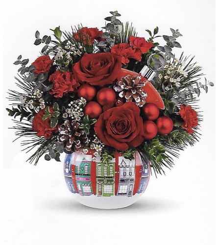 Snowy Village Arrangement. An arrangement by Roma Flowers and Gifts.