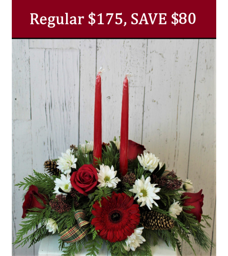 Home For The Holidays Centrepiece with Candles. An arrangement by Incredible Florist.