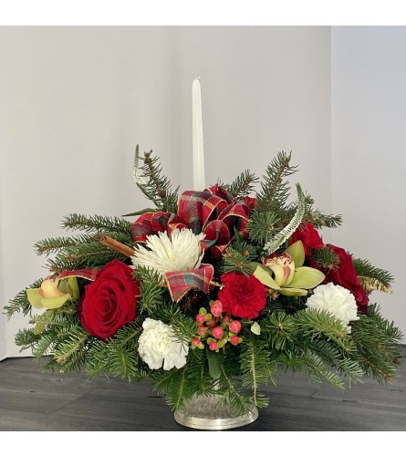 Evergreen And Flowers Centerpiece