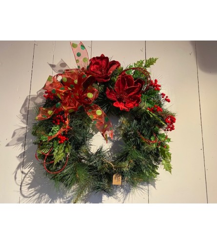 Festive and Fun Wreath. An arrangement by Thompson's Full Bloom.