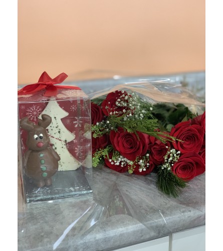 Holiday roses with Chocolate Reindeer Scene