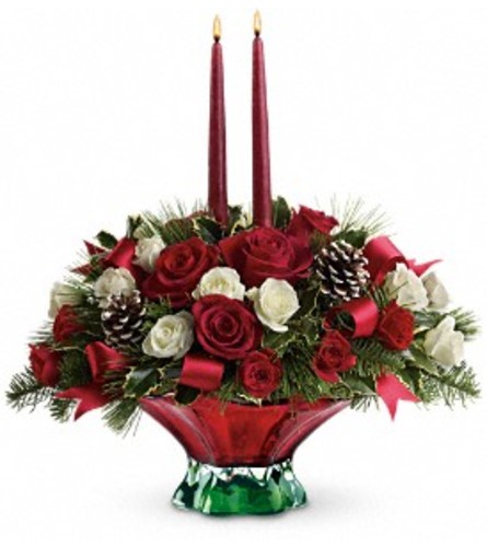 Colors of Christmas Centerpiece BF - Deluxe. An arrangement by Belak Flowers.