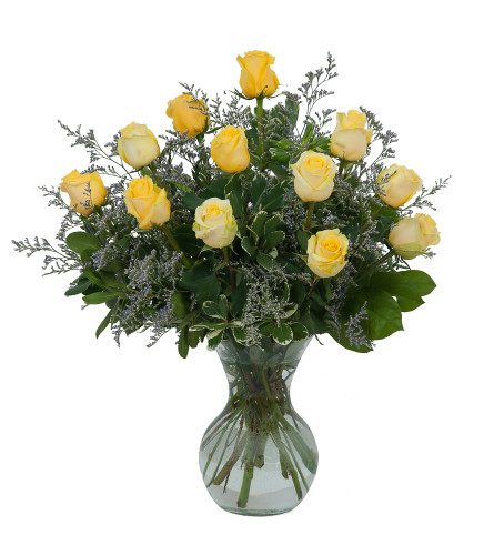 Yellow Roses with Purple Accents