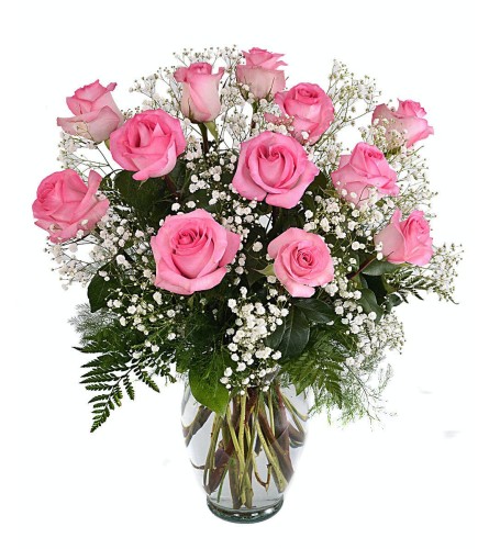 One Dozen Pink Roses with Baby's breath and Green- Fresh Flower